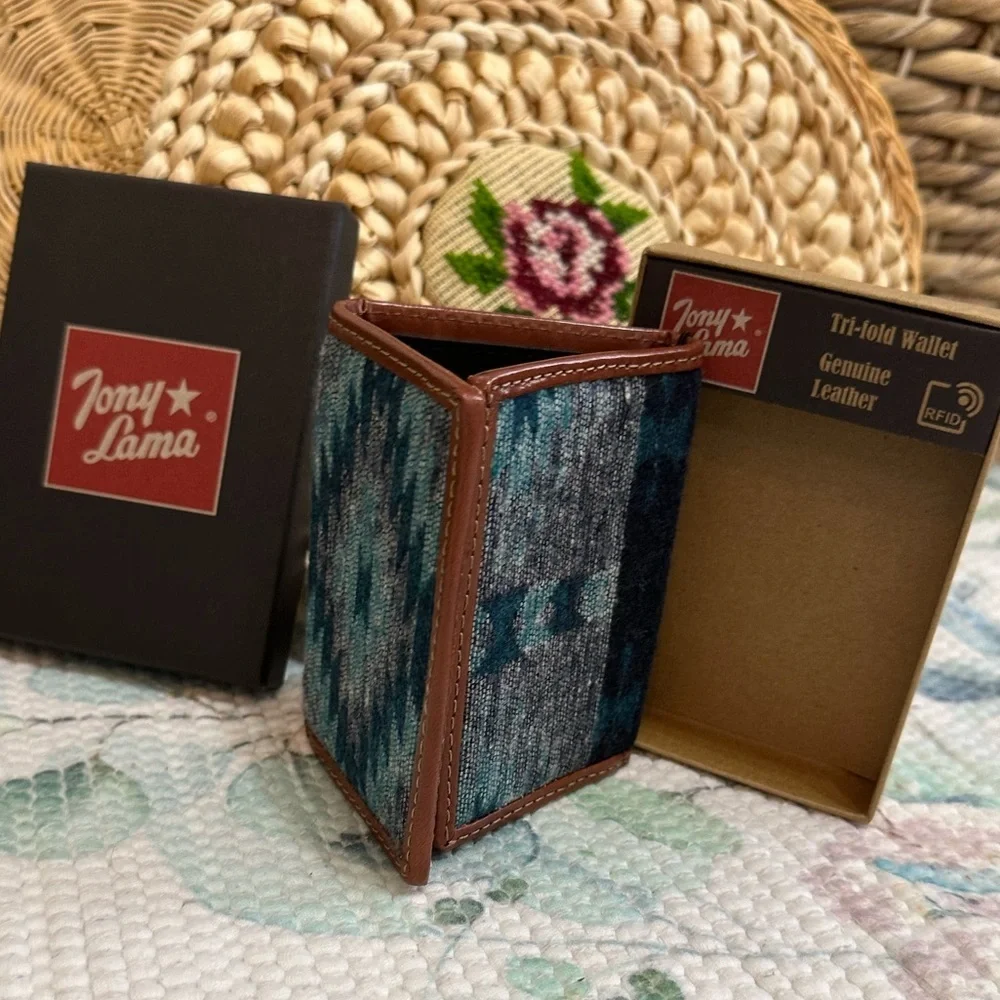 New Tony Lama Tri-Fold Wallet RFID Blue Aztec Canvas Leather Cowboy Western